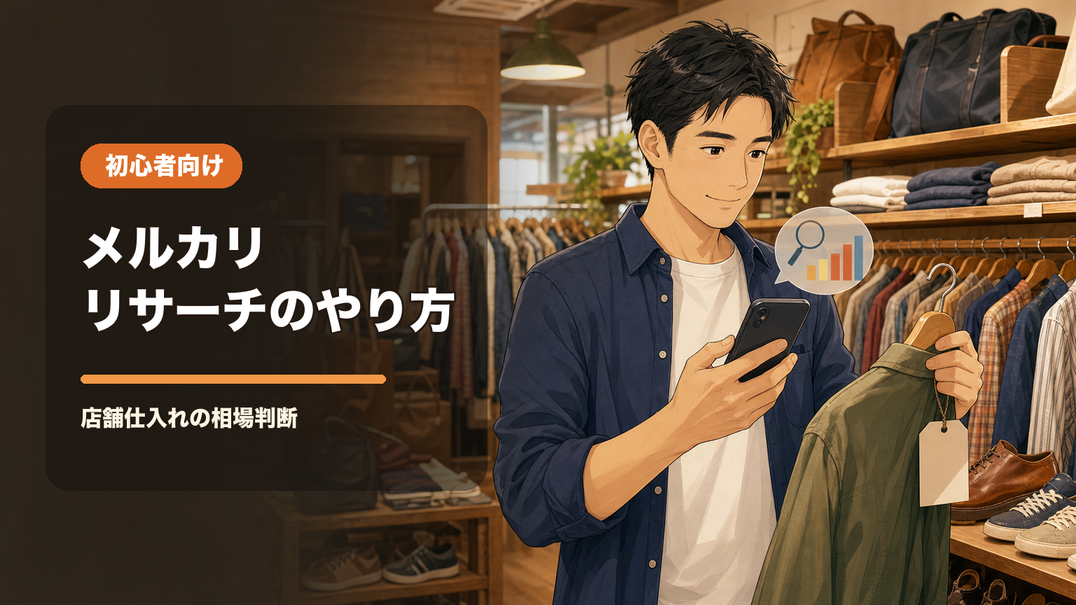 店舗でスマートフォンを使ってメルカリ相場をリサーチする男性