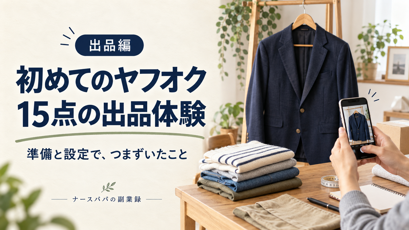 初めてのヤフオク、15点の出品体験。衣類をスマートフォンで撮影するイメージ