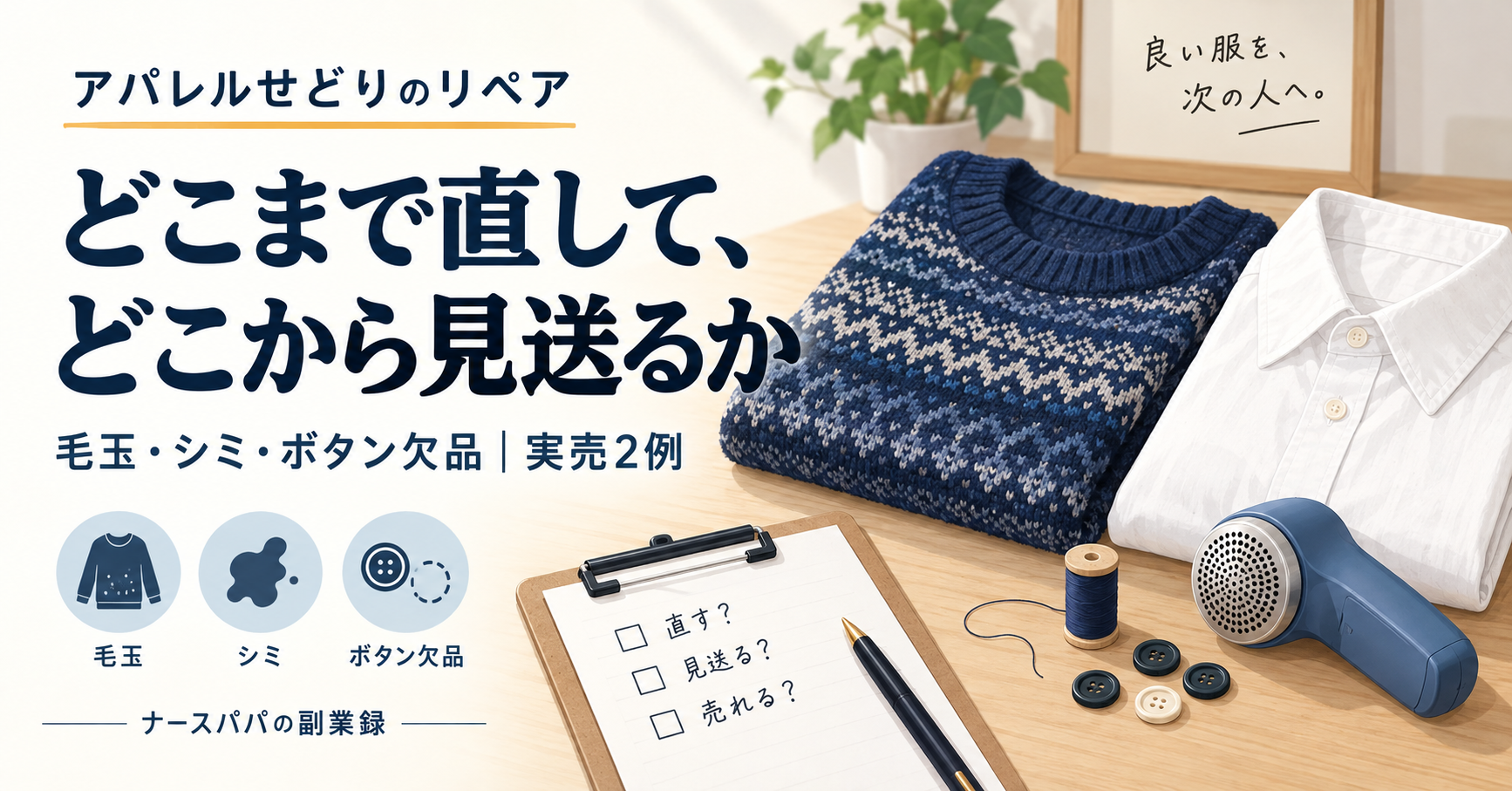 アパレルせどりのリペア。どこまで直して、どこから見送るか。ニットと白シャツ、毛玉取り器やボタンを描いたイメージ